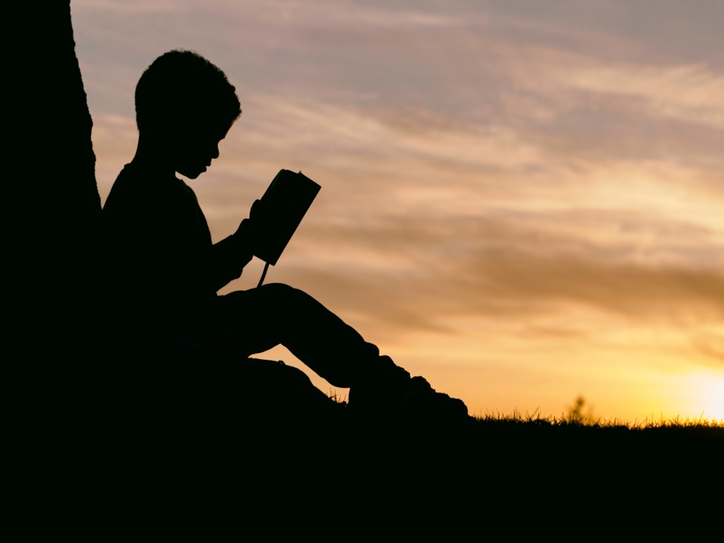 boy reading shadow silhouette sunset