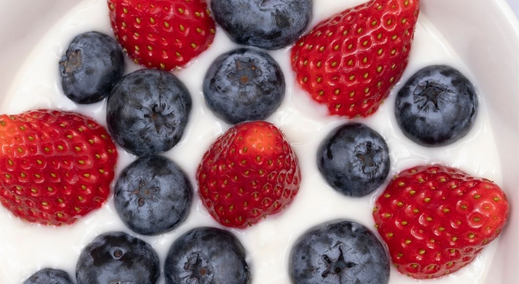 Mix fruit and yogurt for an Independence Day recipe.