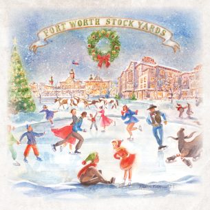 illustration of ice skaters at Christmas at he Stockyards Rodeo Rink in Fort Worth