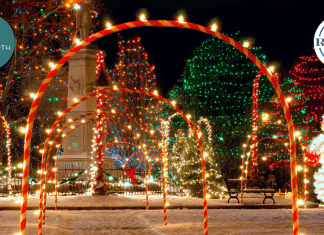 outdoor city park scene with festive holiday lights