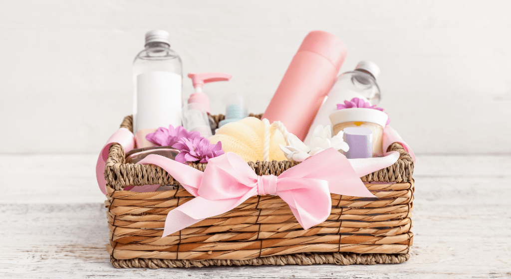 A gift basket is filled with personal care items.