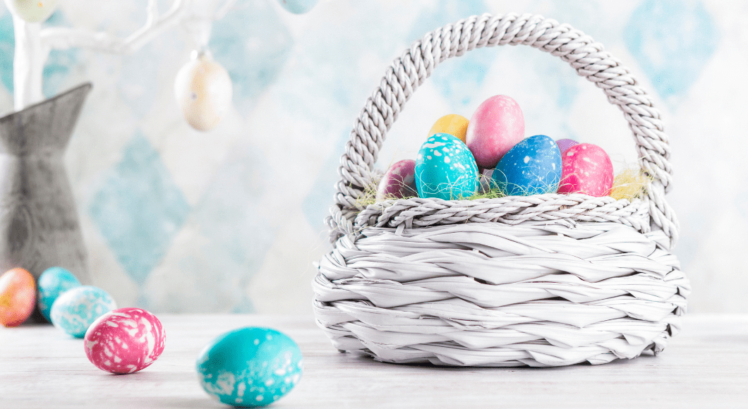 An white Easter basket filled with eggs.