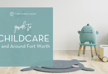 A playroom with toys and a rug and text that reads "Guide to Childcare in and around Fort Worth."