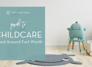 A playroom with toys and a rug and text that reads "Guide to Childcare in and around Fort Worth."