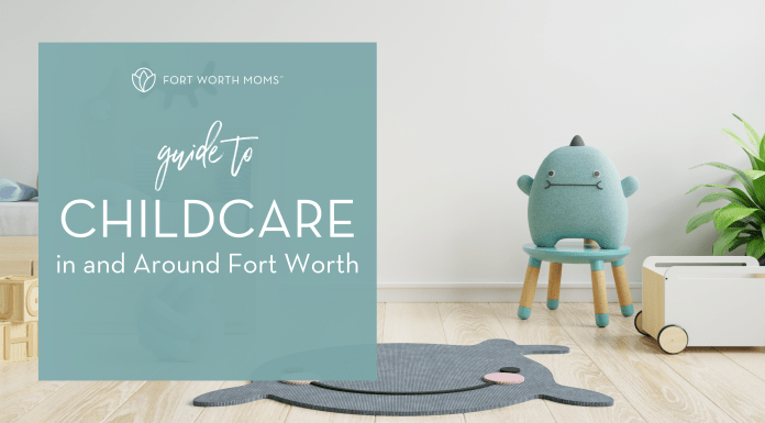 A playroom with toys and a rug and text that reads "Guide to Childcare in and around Fort Worth."