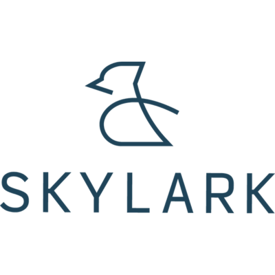 camp skylark logo in dark teal caps with line drawing of a bird
