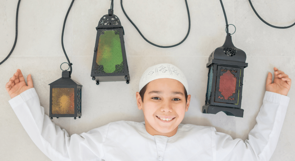 A Muslim boy with lanterns of many colors observes Ramadan with his family.